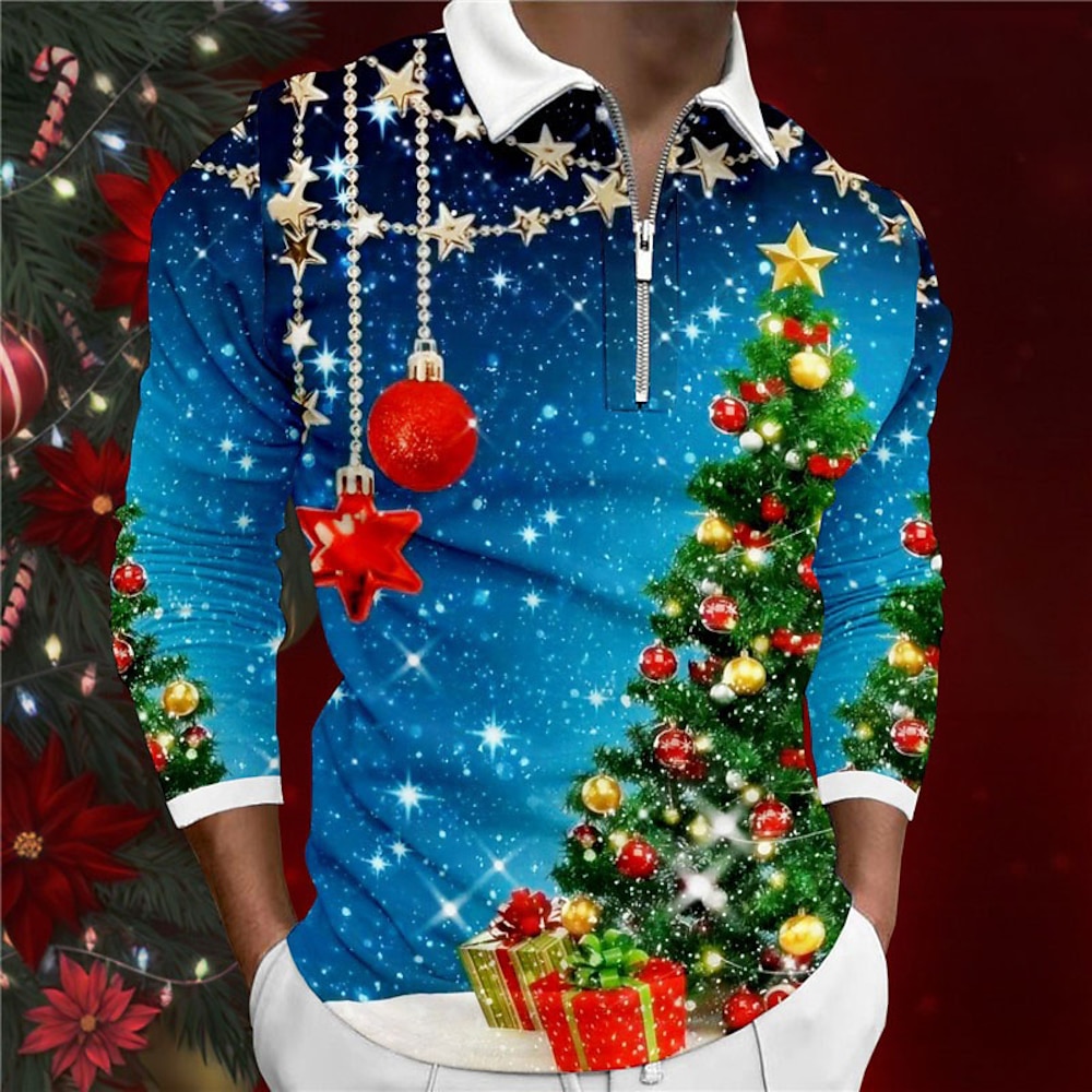 Weihnachten Herren Weihnachtsbaum 3D Reißverschluss Polo Baum Casual Reißverschluss Golf Langarm Outdoor Casual Täglich Streetwear Herbstamp;Winterjacke mit 3D-Druck und Umlegereißverschluss, blau, Lightinthebox