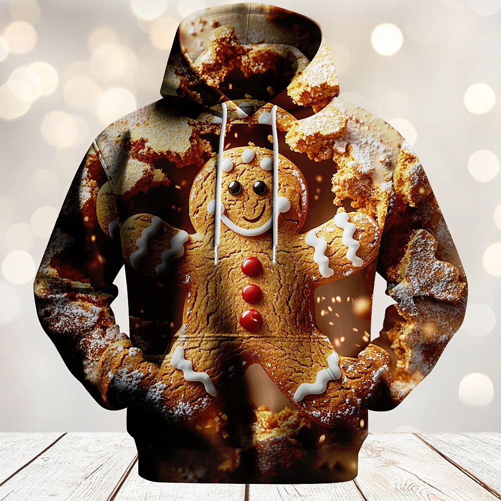 Weihnachten Lebkuchenmann 3D Hoodies für Herren Lebkuchen süßer 3D-Druck Sport Outdoor Urlaub Streetwear Hoodies braun mit Kapuze Druck Fronttasche Frühlingamp;Herbst Designer Shirt Lightinthebox