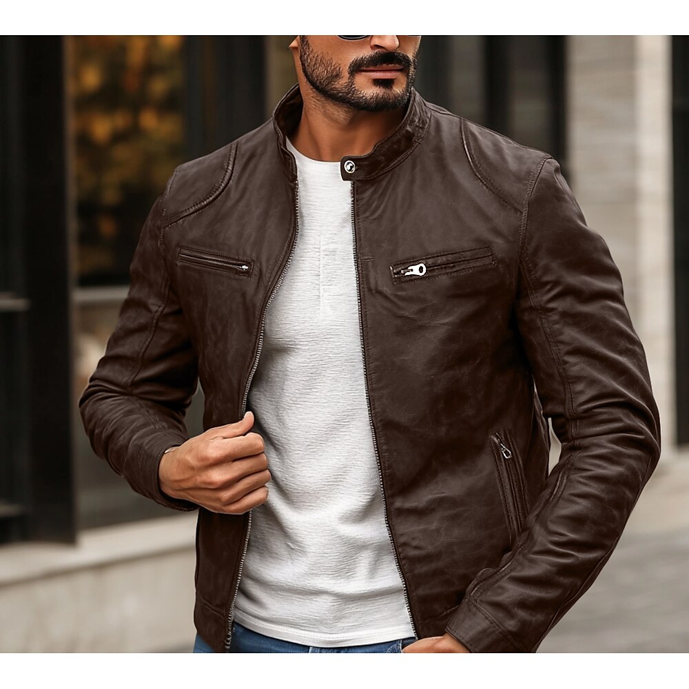 Herren Lederjacke Kunstlederjacke Motorrad Jacke Motorradjacke Täglich warm Regendicht Zip Herbst Winter Einfarbig Punk Vintage Ständer Standard Schwarz Blau Braun Kaffee Jacken Lightinthebox