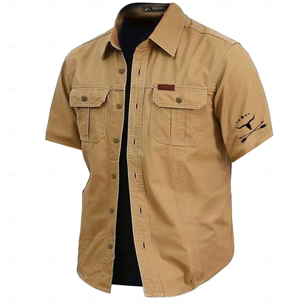 Herren Kuh-Druck Hemd Westernhemd Cargo-Shirt Kurzarm Brautkleider schlicht Taktisch Sport Natur Campen und Wandern Ausgehen Sommer Frühling Gefaltete Kragen Bedruckt Armeegrün Khaki Dunkelblau Lightinthebox