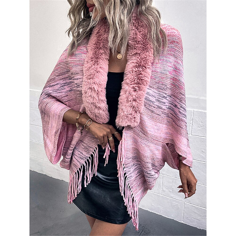 Damen Schultertuch Öffnung vorne Gerippt Stricken Polyester Quaste Strick Kunstpelzbesatz Herbst Winter Standard Outdoor Täglich Wochenende Brautkleider schlicht Weich Langarm Regenbogen Rosa Lightinthebox