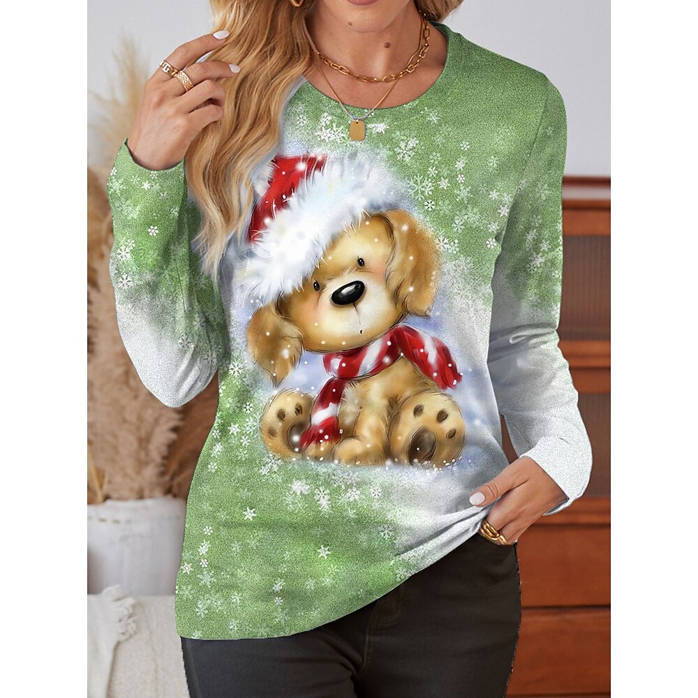 Weihnachts-Sweatshirt für Damen mit Teddybär-Aufdruck, langärmelig, Rundhalsausschnitt, grün, für den Urlaub, lässig, Winter, festlich, Übergröße Lightinthebox