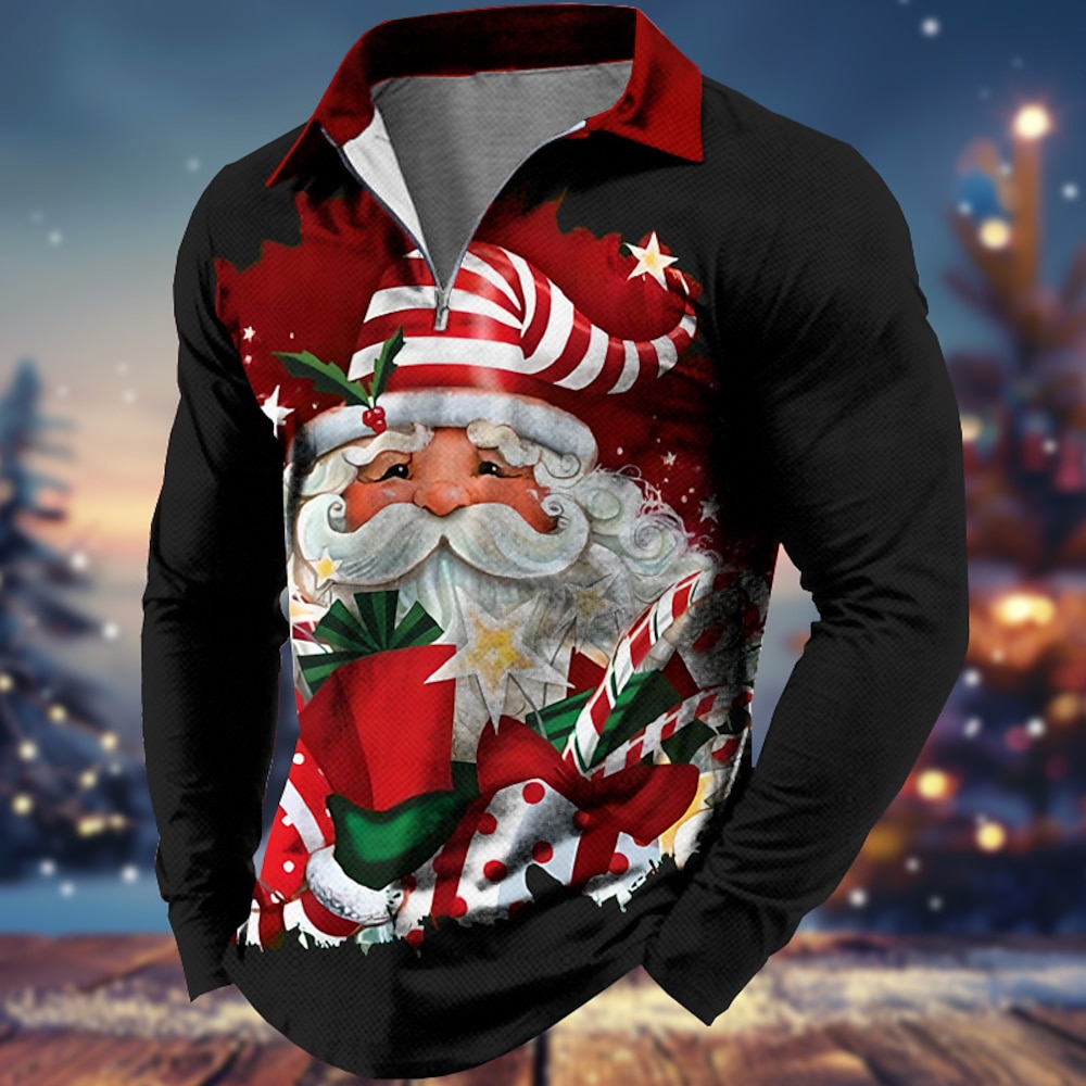 Weihnachten Herren Weihnachtsmann Poloshirt Golfpolo Langarm Polo-Shirts Kragen Brautkleider schlicht Partyabend Alltagskleidung Urlaub Zip 3D-Druck Schwarz Tintenblau Armeegrün Lightinthebox