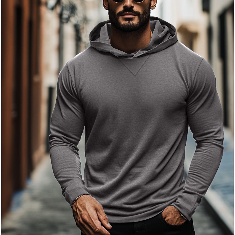 Herren T Shirt T-Shirt Langarm Mit Kapuze Sommer Einfach Mode Designer Basic Mit Kapuze Urlaub Straße Ausgehen Dunkelgrau Schwarz Weiß Top T-Shirt für Herren Lightinthebox