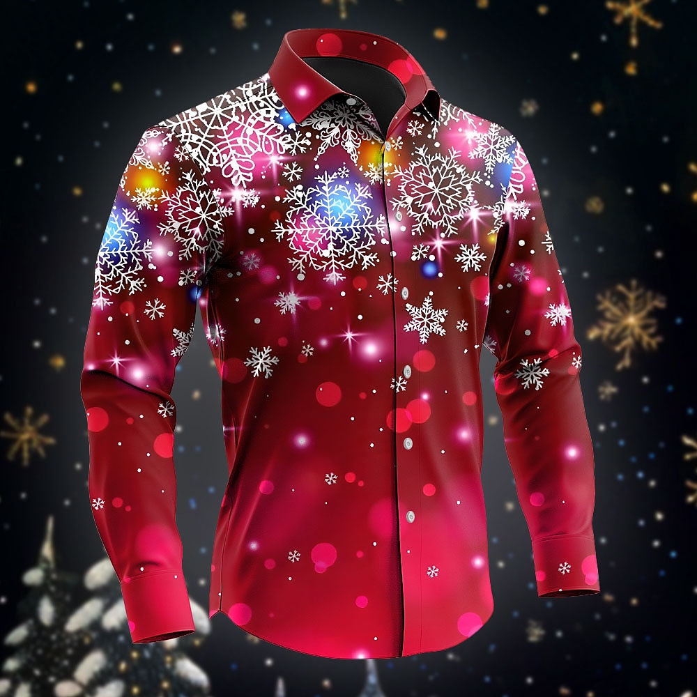 Weihnachten Herren Schneeflocke Oberhemd Knopfhemd Langarm Brautkleider schlicht Party-Abendgarderobe Täglich Festival Herbst Winter Frühling Sommer Hemdkragen Knopf hoch 3D-Druck Rote Lightinthebox