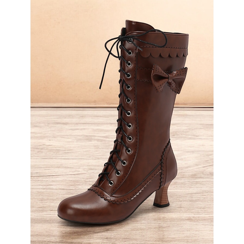 braune kniehohe Vintage-Schnürstiefel für Damen mit Schleifendetail - viktorianische Stiefel aus Kunstleder mit Retro-Absatz für Cosplay und den Alltag Lightinthebox