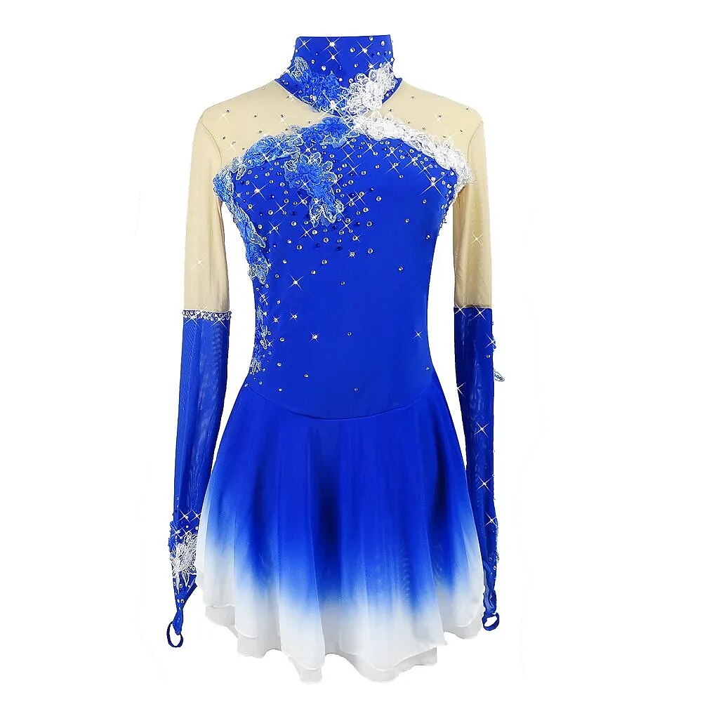 Eiskunstlaufkleid Damen Mädchen Eislaufen Rock Blau Blumen Farbverlauf Röcke Hohe Elastizität Training Wettkampf Eiskunstlaufbekleidung Mehrfarbig Kristall/Strass Langarm Eis/Kinder Lightinthebox