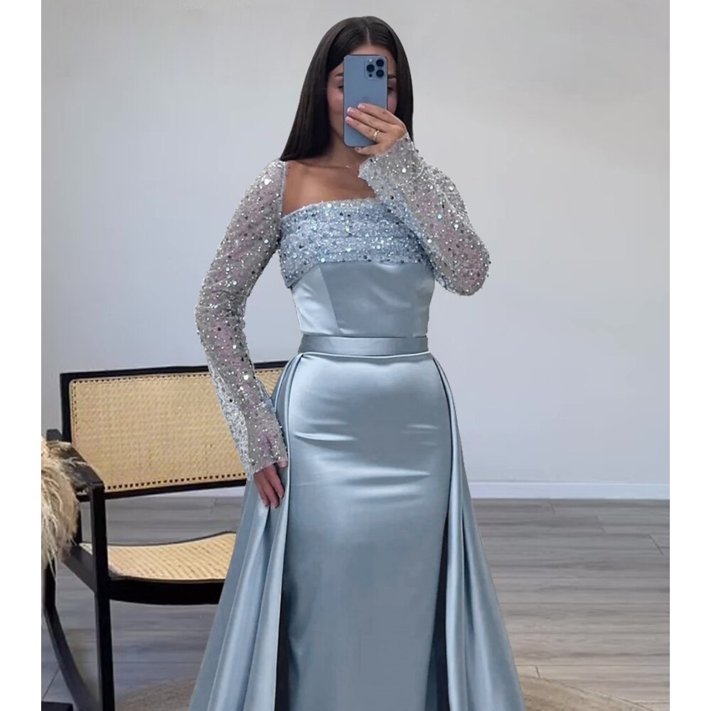 blau-schwarzes Abendkleid mit Pailletten, elegantes Abendkleid, bodenlanges, langes Ärmel, quadratischer Ausschnitt, Gürtel/Schärpe aus Satin mit Glitzerfalten, 2024 Lightinthebox