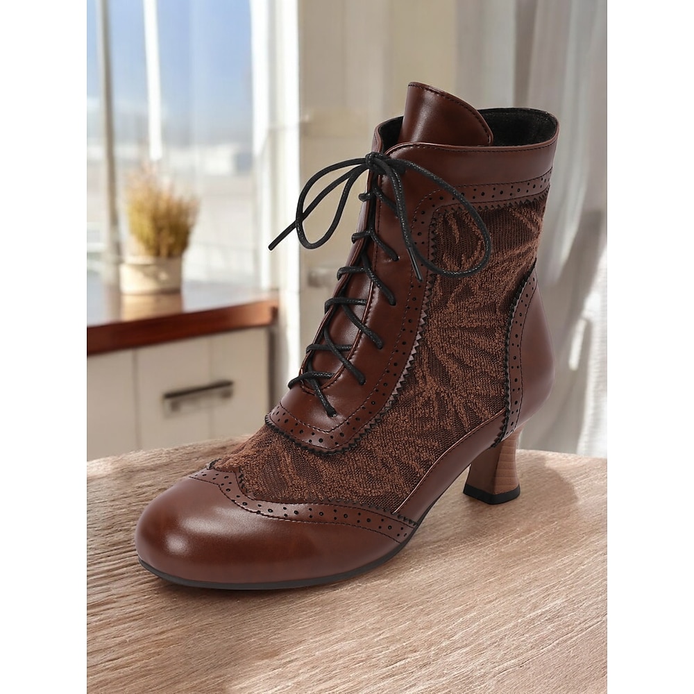 Damenstiefeletten im viktorianischen Stil mit Spitzendesign und Kunstlederakzenten - Vintage-Schnürschuhe für Freizeit- und Kostümanlässe Lightinthebox