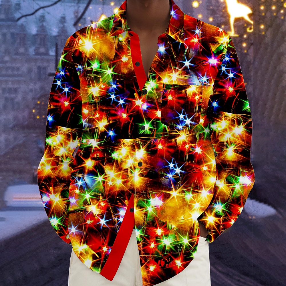 Weihnachtshemden für Herren mit Weihnachtslicht-Aufdruck, glitzernd, glitzernd, hawaiianisch, mit Knopfleiste, Strand, lange Ärmel, Party, Abend, Silvester, Hemden für Herbst, Winter, Lightinthebox