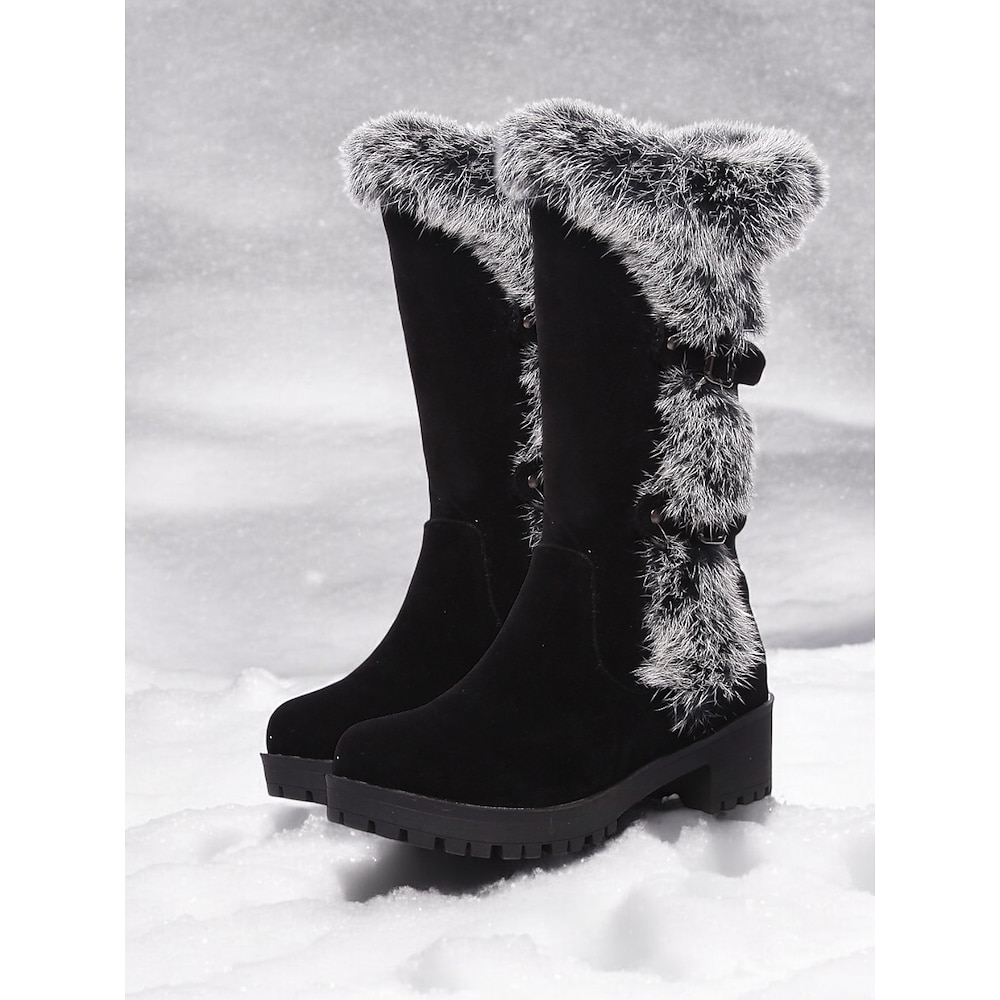 Schwarze Winterstiefel für Damen mit Wildlederimitat, Fellfutter, Schnallendetails und dicker Sohle - warme und stylische Schneestiefel für kaltes Wetter Lightinthebox