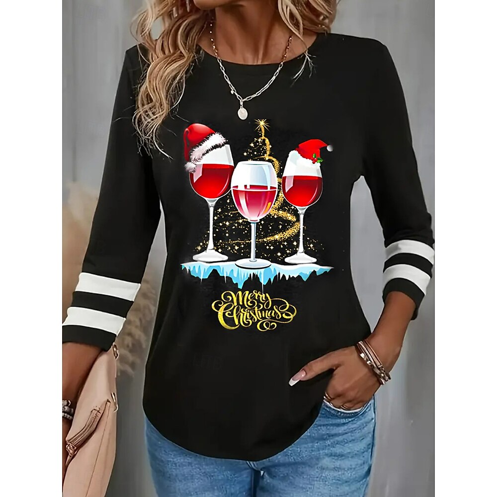 Weihnachtsshirt Damen T Shirt Polyester Buchstabe Bedruckt Weihnachten Täglich Wochenende Modisch Modern Brautkleider schlicht Langarm Rundhalsausschnitt Schwarz Herbst Winter Lightinthebox