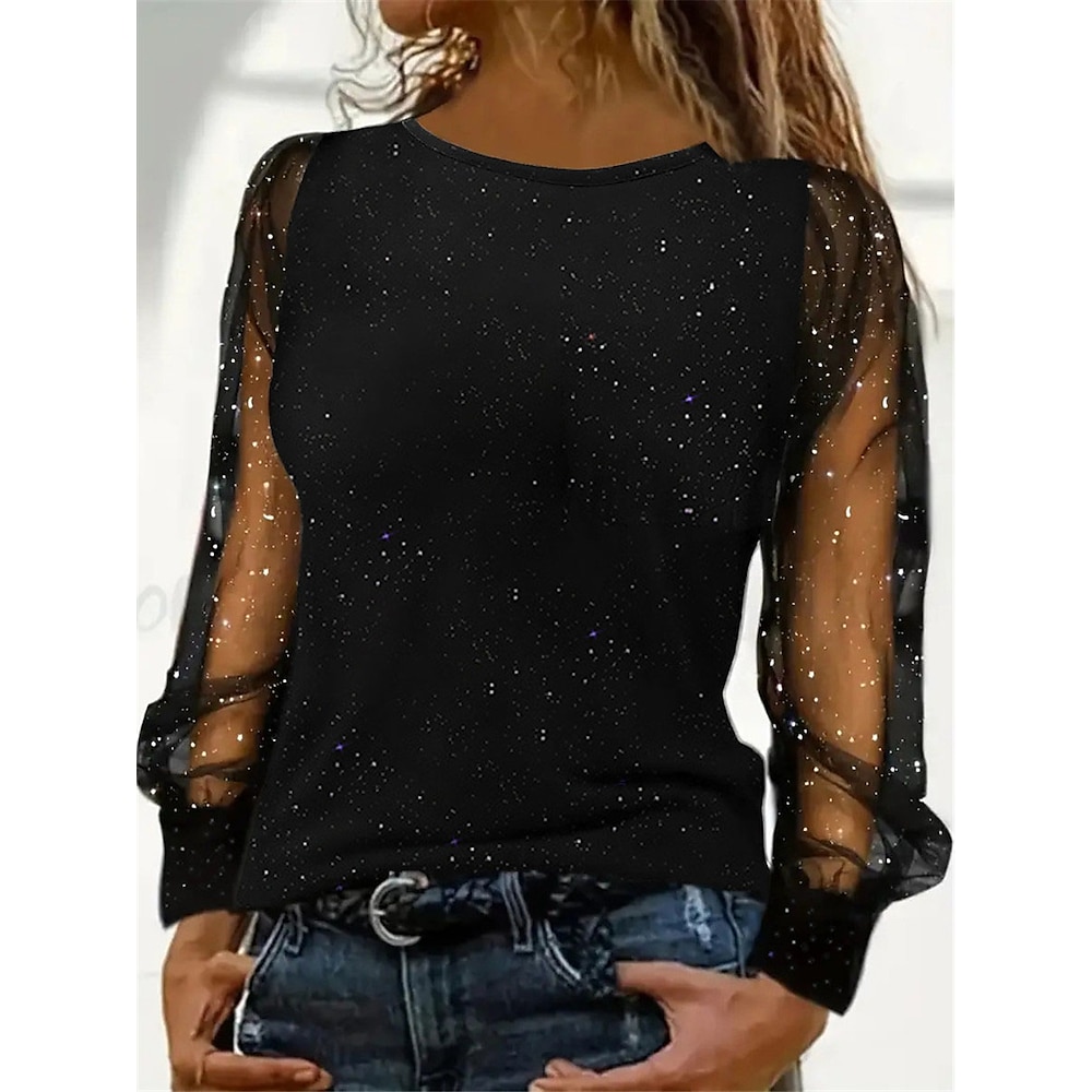 Damen T Shirt Modisch Modern Brautkleider schlicht Glatt Normale Oberteile Langarm Rundhalsausschnitt Gitter Patchwork Regular Fit Täglich Wochenende Schwarz Wein Blau Herbst Winter Lightinthebox