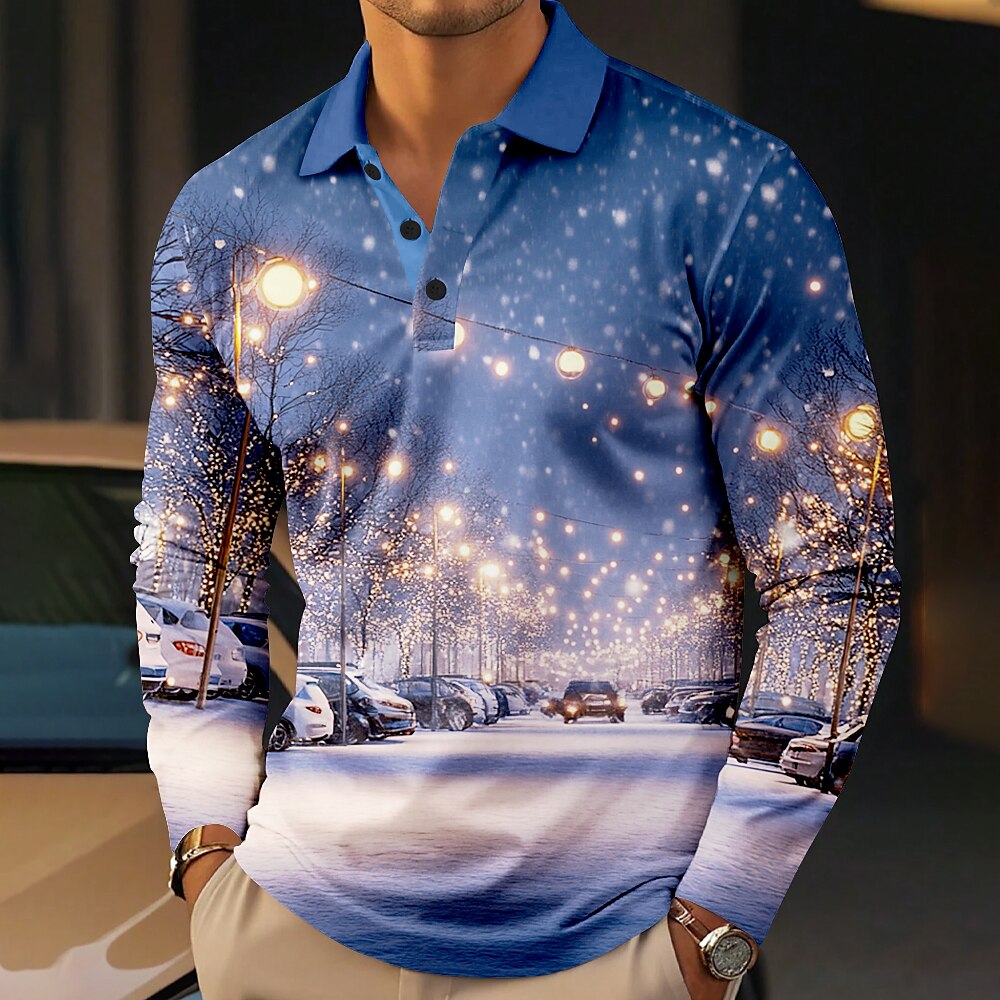 Weihnachten Herren Auto Schneeflocke Poloshirt Golfpolo Langarm Polo-Shirts Kragen Brautkleider schlicht Partyabend Alltagskleidung Urlaub Taste 3D-Druck Blau / Weiß Lightinthebox