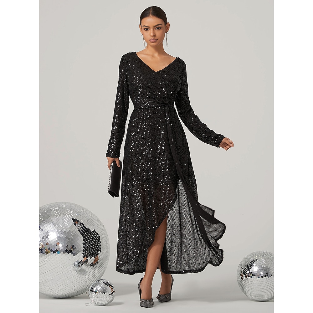 Abendkleid für Damen, V-Ausschnitt, lange Ärmel, Glitzer, Wickeltaille, asymmetrischer Saum, elegant, funkelnd, Party, formell, schwarz, normale Größe, Event, Gala, Hochzeit, S, M, L, XL, XXL Lightinthebox