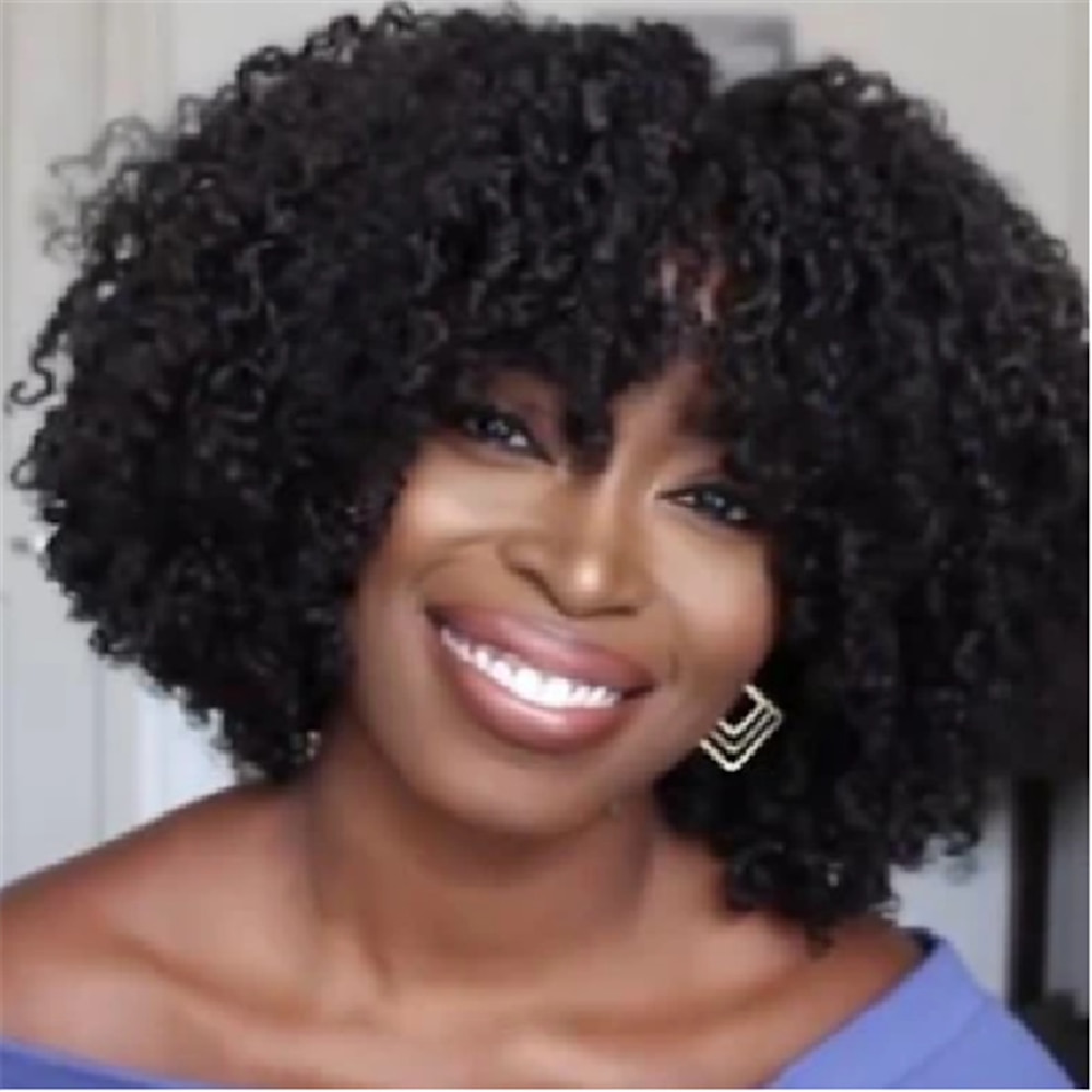 Lockige Perücken für schwarze Frauen - Afro-Lockenperücke mit Pony, natürliches schwarzes Haar, synthetische, hitzebeständige Vollperücken Lightinthebox
