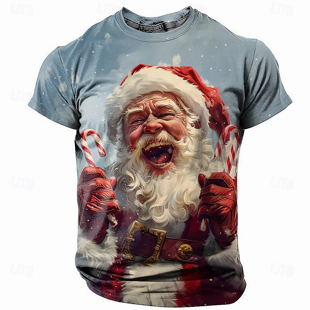 Weihnachts-T-Shirts mit Weihnachtsmann-Motiv, 3D-Druck, Weihnachtsmann, lässig, Streetstyle, T-Shirt mit 3D-Print, für Sport, Outdoor, Urlaub, hellblau, kurzärmlig, Rundhalsausschnitt, Lightinthebox