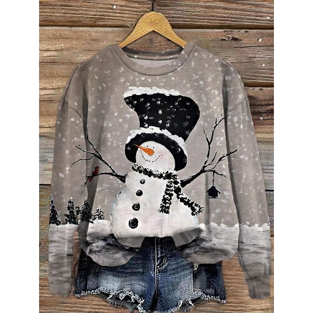 Urlaubs-Sweatshirt für Damen mit Schneemann-Print, langärmelig, Winter, lässig, Rundhalsausschnitt, graues Oberteil, gemütliche festliche Kleidung Lightinthebox