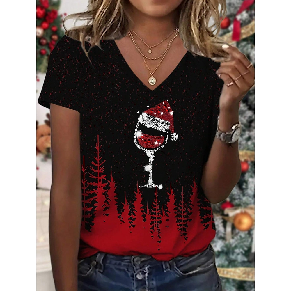 Weihnachts-T-Shirt für Damen mit V-Ausschnitt, Urlaubsgrafik, Weinglas, Weihnachtsmütze, rot/schwarz, lässig, bequem, festliche Jahreszeit, Party, Weihnachten, Tannenbaum-Druck, kurzärmelig, Kleidung Lightinthebox