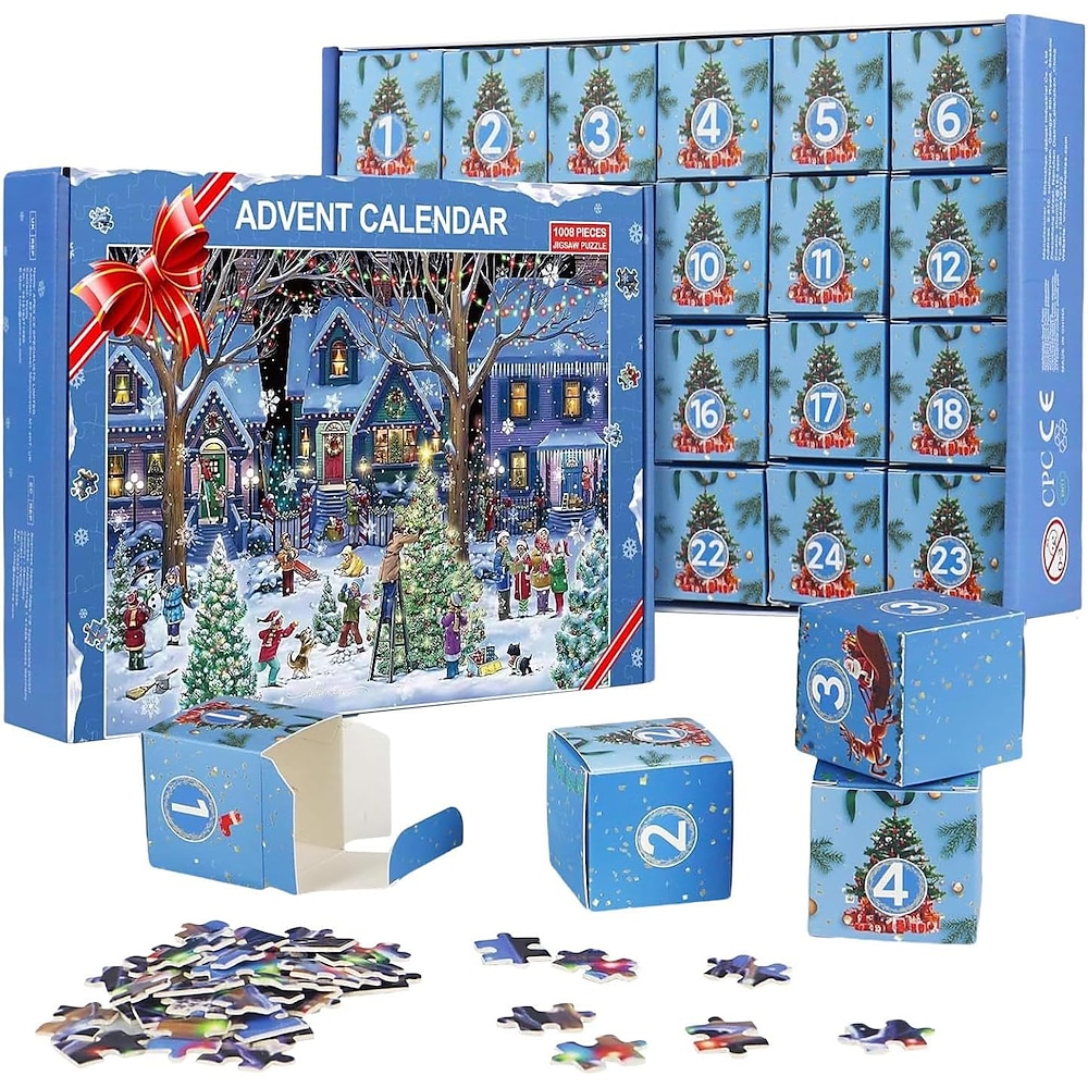 Weihnachts-Adventskalender 2024, Puzzle, Weihnachten, 1008 Teile, Puzzle, 24 Tage, Weihnachts-Countdown-Kalender für Kinder und Erwachsene Lightinthebox