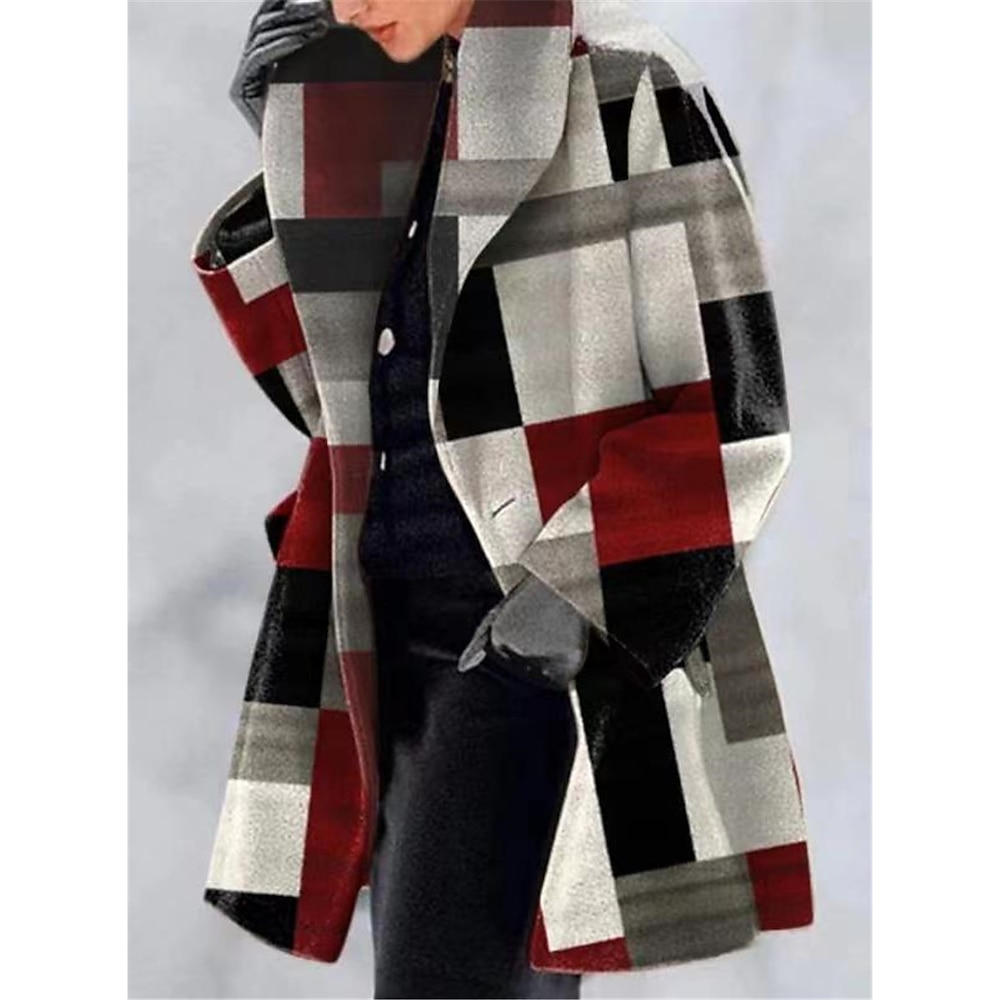 Damen Mantel Outdoor Strasse Freizeitskleidung Herbst Winter Standard Mantel Regular Fit warm Atmungsaktiv Stilvoll Brautkleider schlicht Jacken Langarm Streifen und Plaid Mit Taschen Bedruckt Rote Lightinthebox