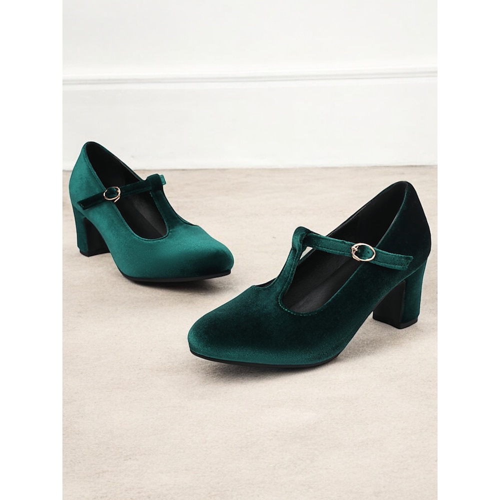 Grüne Mary-Jane-Pumps aus Samt mit T-Riemen und Blockabsatz für Damen - elegante Schuhe im Vintage-Stil für Partys und formelle Anlässe Lightinthebox