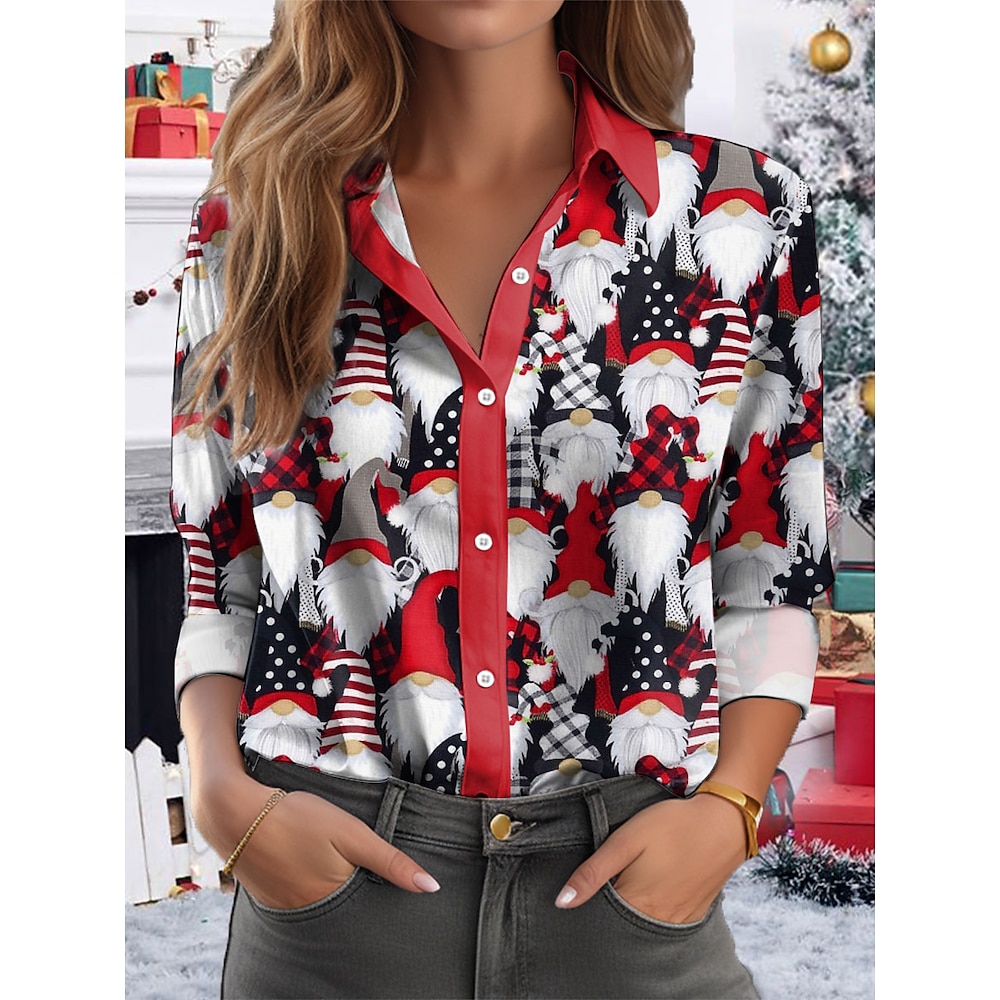 Damen Weihnachten Santa Claus Print Freizeithemd rot weiß schwarz Buffalo Plaid Langarm Button-Down festliche Urlaub Top Kleidung Bekleidung Lightinthebox