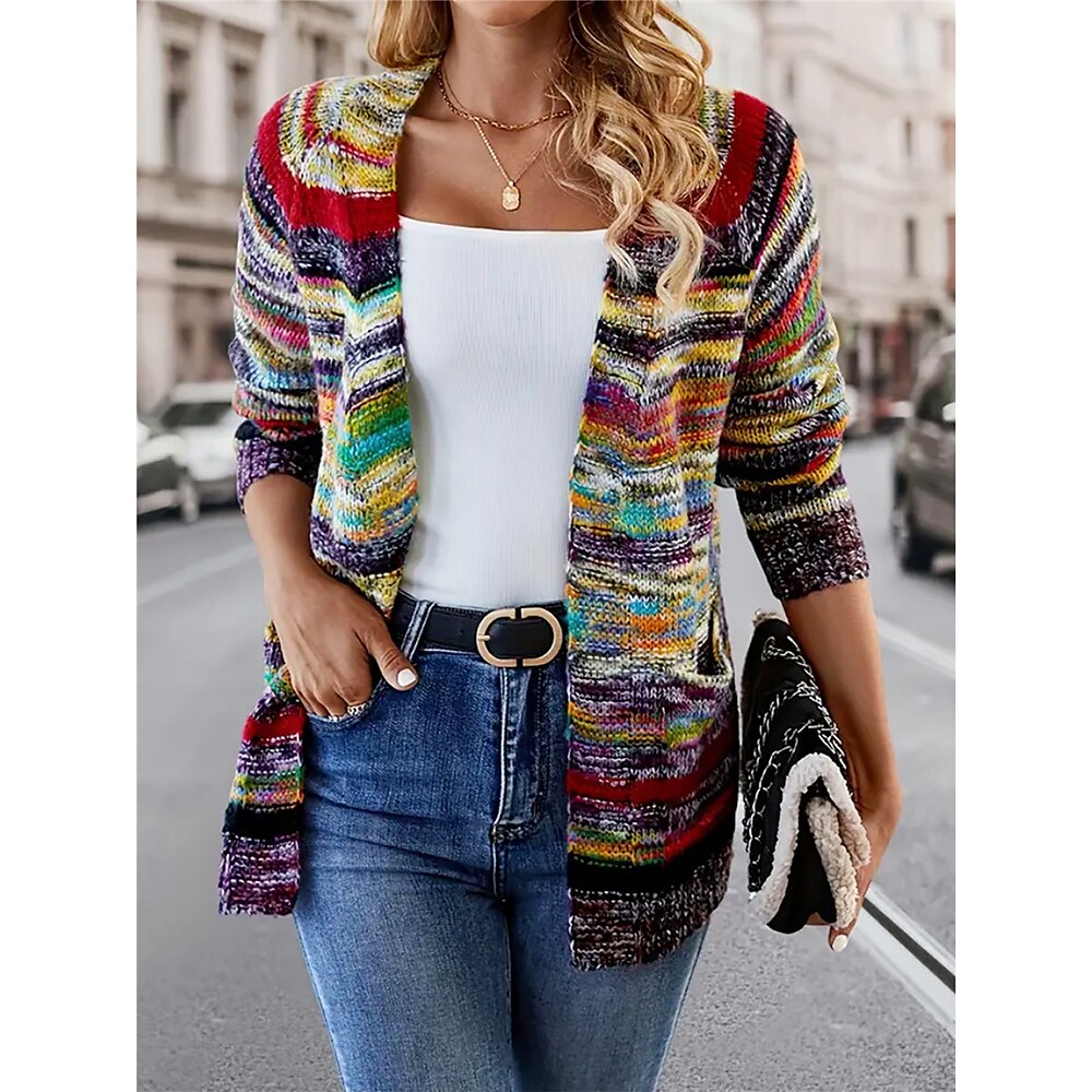 Damen Pullover Strickjacke Vintage Brautkleider schlicht Weich Regenbogen Gerippt Öffnung vorne Strick Langarm Normale Oberteile Stricken Outdoor Täglich Wochenende Regenbogen Herbst Winter Lightinthebox