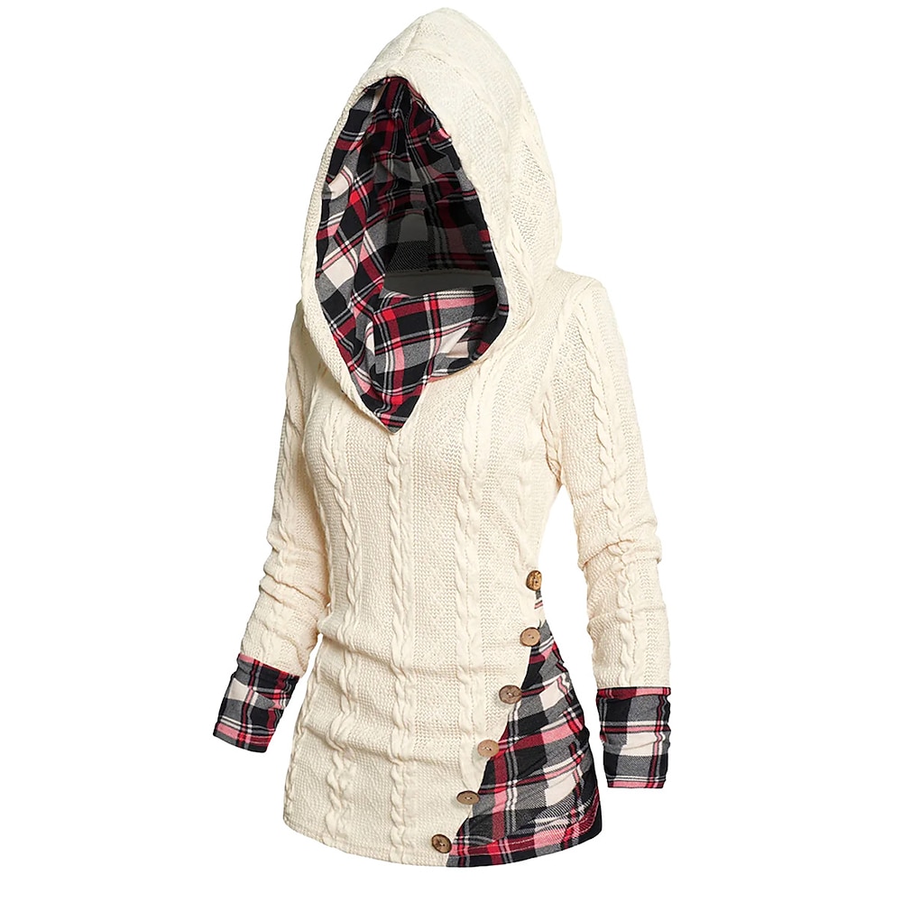 Damen Pullover Mit Kapuze Gerippt Stricken Polyester Patchwork Strick Herbst Winter Standard Outdoor Täglich Wochenende Brautkleider schlicht Weich Langarm Plaid Wein Beige Grau S M L Lightinthebox