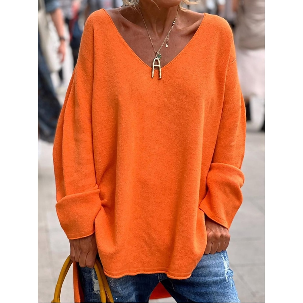 Damen Pullover Modisch Strassenmode Täglich Feste Farbe V Ausschnitt Strick Langarm Lange Oberteile Stricken Outdoor Ausgehen Orange Herbst Winter Lightinthebox