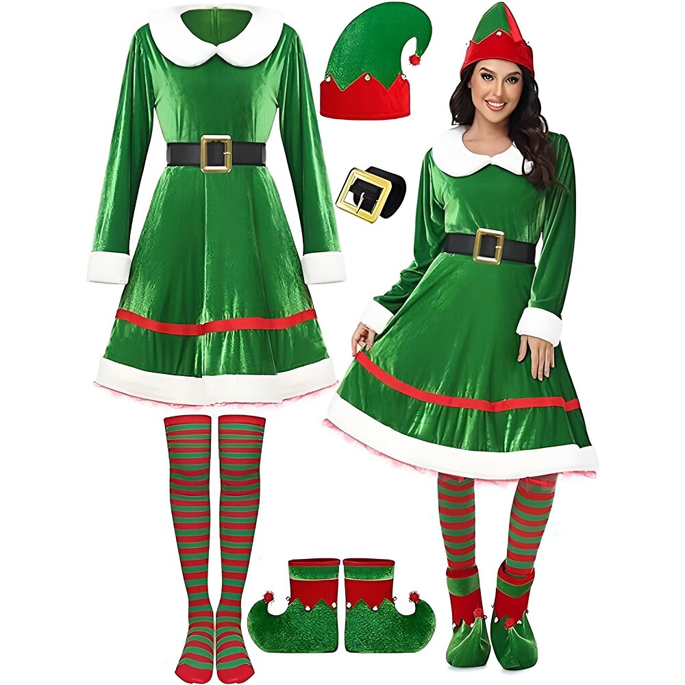 Elf Austattungen Ausgefallene Kostüme Weihnachtskostüm Damen Mädchen Weihnachten Silvester Heiligabend Cosplay-Kostüm Erwachsene Kinder Party Weihnachten Kleid Gürtel Socken Schuhe Hut Lightinthebox