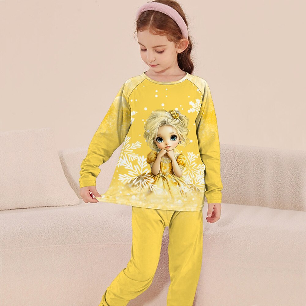 Mädchen 3D Graphic Schneeflocke Prinzessin Weihnachtspyjamas Pyjama-Sets Pyjama-Sets mit T-Shirt und Hose Langarm 3D-Druck Herbst Winter Aktiv Basic Polyester kinderkleidung 4 Jahre Lightinthebox