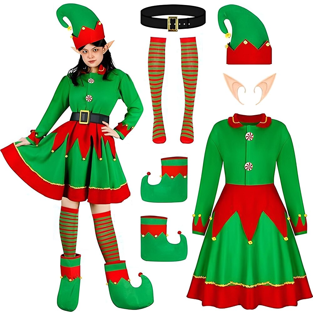 Elf Austattungen Ausgefallenes Weihnachtskleid Weihnachtskostüm Damen Weihnachten Silvester Heiligabend Weihnachten Erwachsene Party Weihnachten Kleid Gürtel Socken Schuhe Hut Lightinthebox