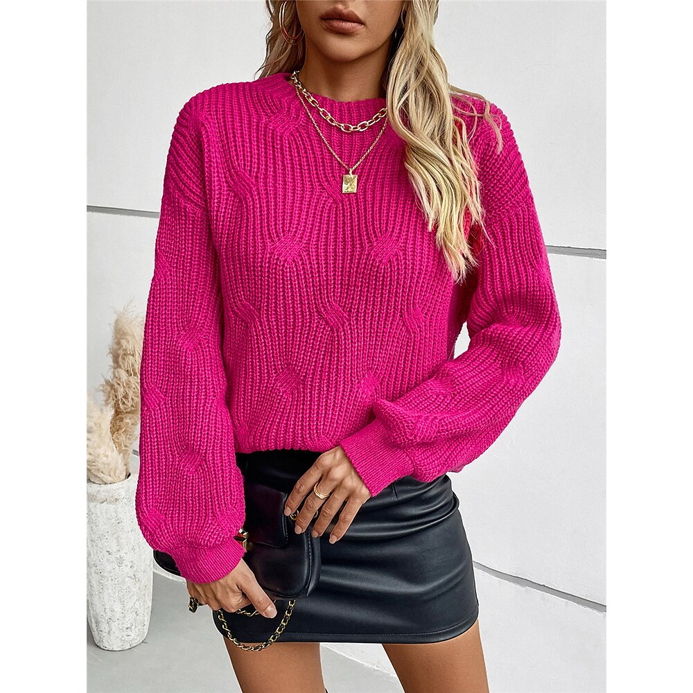 Damen Pullover Rundhalsausschnitt Gerippt Stricken Polyester Strick Herbst Winter Standard Outdoor Täglich Wochenende Brautkleider schlicht Weich Langarm Einfarbig Fuchsie Aprikose S M L Lightinthebox