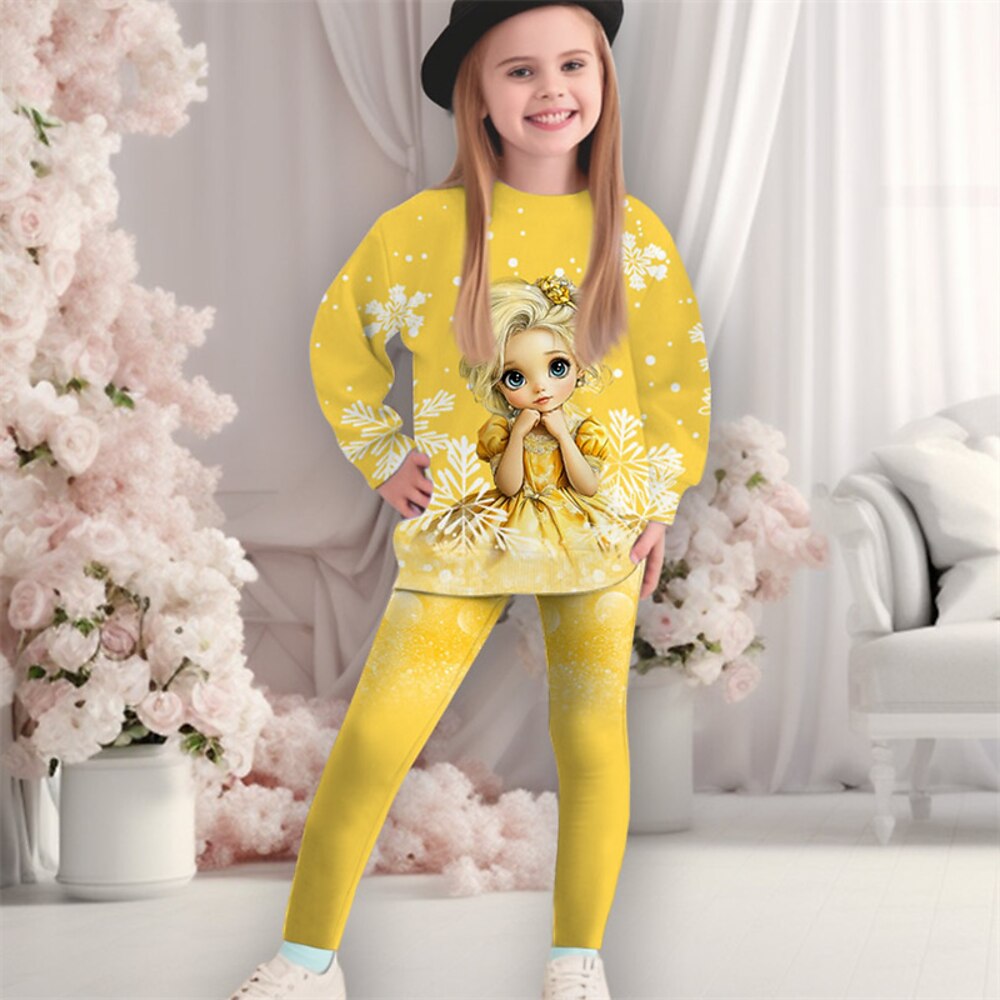 Mädchen 3D Graphic Karikatur Schneeflocke Weihnachtssets Sport-Outfit Trainingsanzüge Langarm Frühling Herbst Täglich Brautkleider schlicht Stumpfhosen Polyester kinderkleidung 4-12 Jahre Lightinthebox