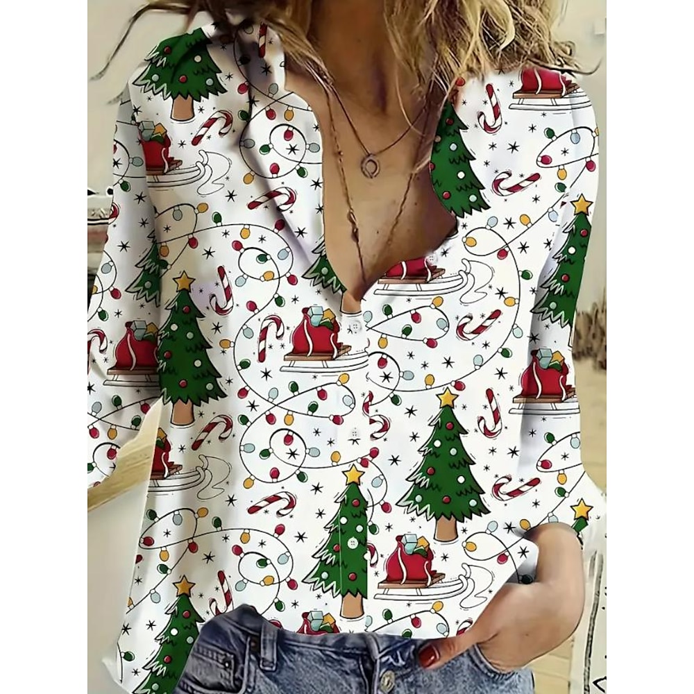 Damen Hemd Bluse Bedruckt Weihnachten Elegant Stilvoll Modern Langarm Hemdkragen Schwarz Frühling Herbst Lightinthebox