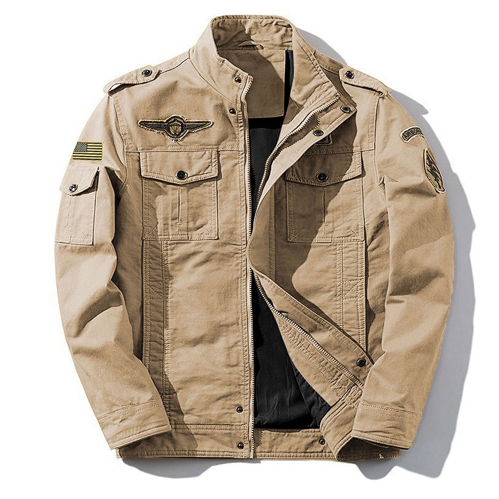 Herren-Militärjacke aus Baumwolle mit Stickerei, Cargo-Jacke mit Schultergurten, langen Ärmeln, Stehkragen, mehreren Taschen, Trucker-Jacke, taktische Oberbekleidung mit US-Flaggen-Print Lightinthebox