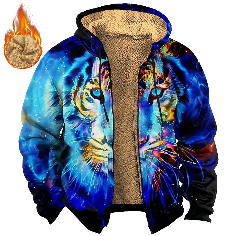 Herren Tiger Vlies Hoodie Sweatshirt Kapuze Hoodies Hoodie Sweatshirt Kapuze Langarm Sweatshirt mit Kapuze Mit Kapuze Böhmen 3D-Druck Party Urlaub Strassenmode Blau Purpur Kordelzug Herbst Winter Lightinthebox