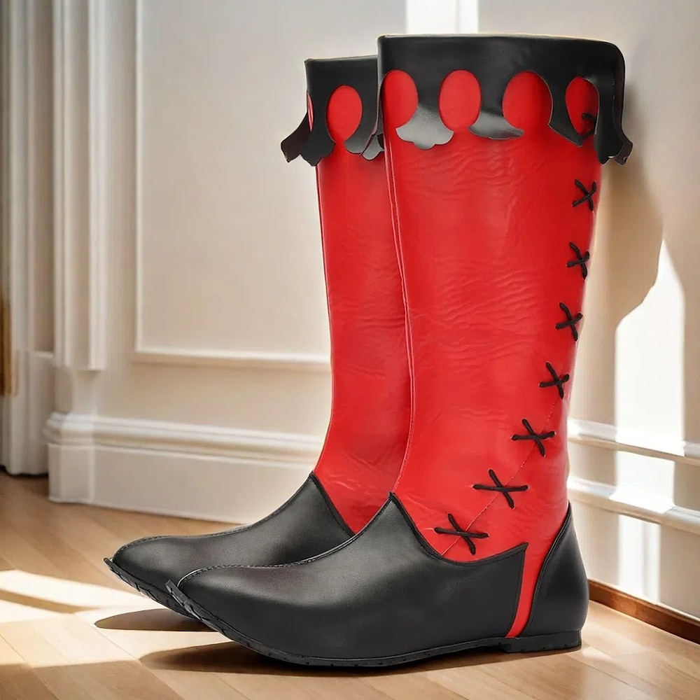 Mittelalterlich inspirierte Kostümstiefel für Herren mit schwarzem Schnürdesign - hohe Stiefel in Rot und Schwarz im Vintage-Stil für Cosplay-, Theater- und Halloween-Events Lightinthebox