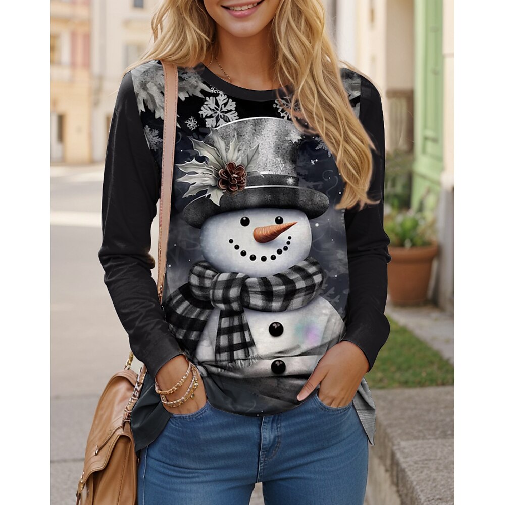 Weihnachtsshirt Damen T Shirt Polyester Weihnachten Weihnachten Langarm Rundhalsausschnitt Schwarz Frühling, Herbst, Winter, Sommer Lightinthebox