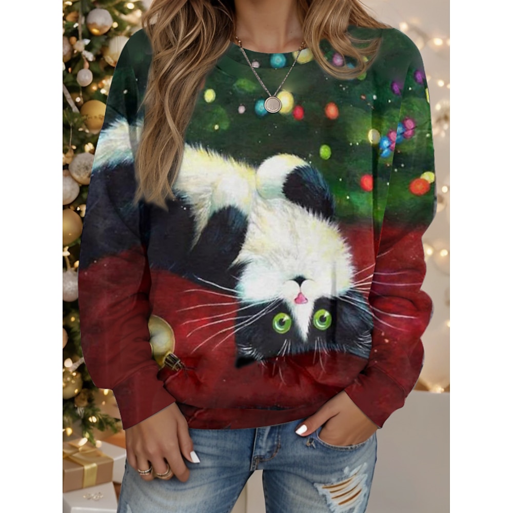 Weihnachtsshirt Damen Zur Seite fahren Polyester Katze Weihnachten Bedruckt Weihnachten Brautkleider schlicht Kapuzenpullover Langarm Mikro-elastisch Herbst Winter Lightinthebox