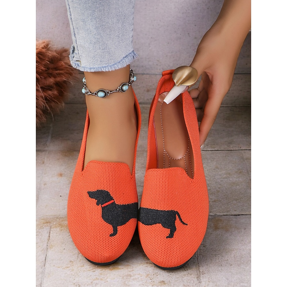 lässige orangefarbene Slipper für Damen mit Dackel-Aufdruck - bequeme flache Strickschuhe für den Alltag, Geschenkidee für Tierliebhaber Lightinthebox