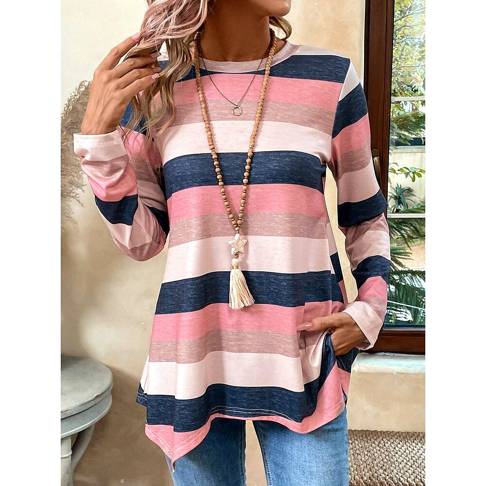 Damen Tunika T-Shirt Gestreift Lässig Langarm Rundhals Reguläre Oberteile Täglicher Druck Asymmetrisch Pink Frühling und Herbst Lightinthebox