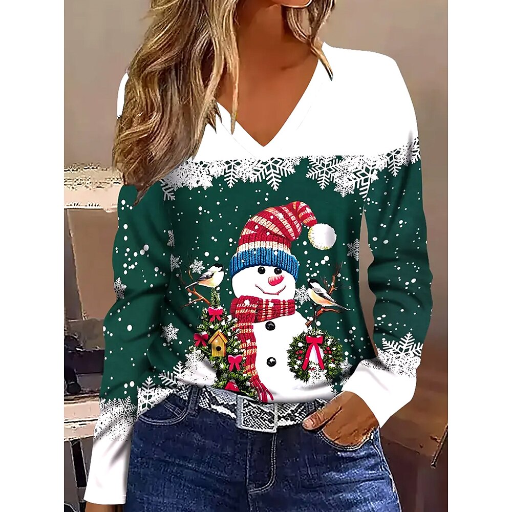 Weihnachts-Oberteil für Damen mit Schneemann-Aufdruck, V-Ausschnitt, lange Ärmel, lässig, winterlich, festlich, grün, normale Passform, bequemes T-Shirt, Kleidung Lightinthebox