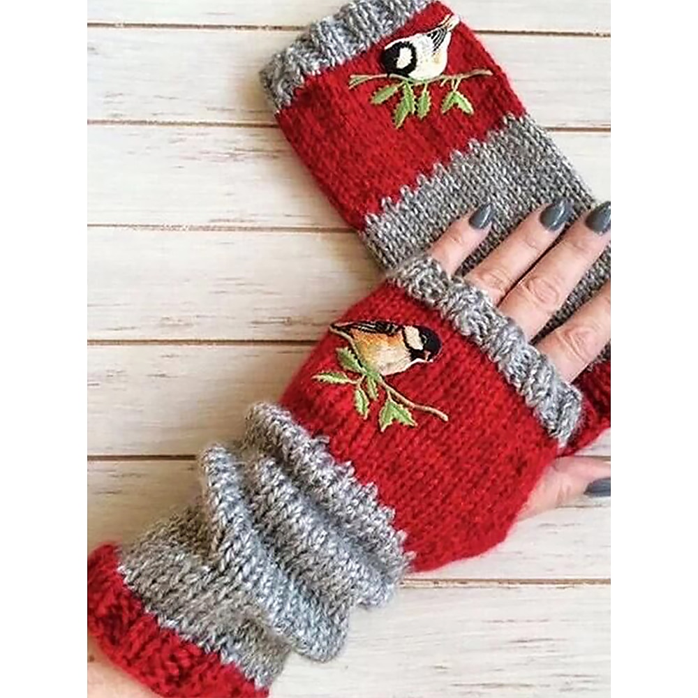 handgestrickte fingerlose Handschuhe mit Vogelstickerei - kuschelige Winterhandschuhe für Damen, warme Armstulpen aus gestrickter Wolle Lightinthebox