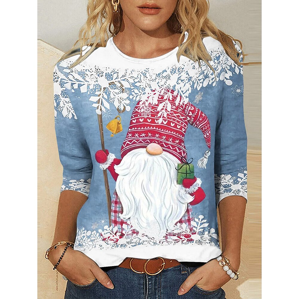 Weihnachts-T-Shirt für Damen, langärmelig, mit Gnomen-Print, Feiertags-Schneeflocke, fröhlich, lässig, gemütlich, volle Größe, blau, weiß, rot Lightinthebox