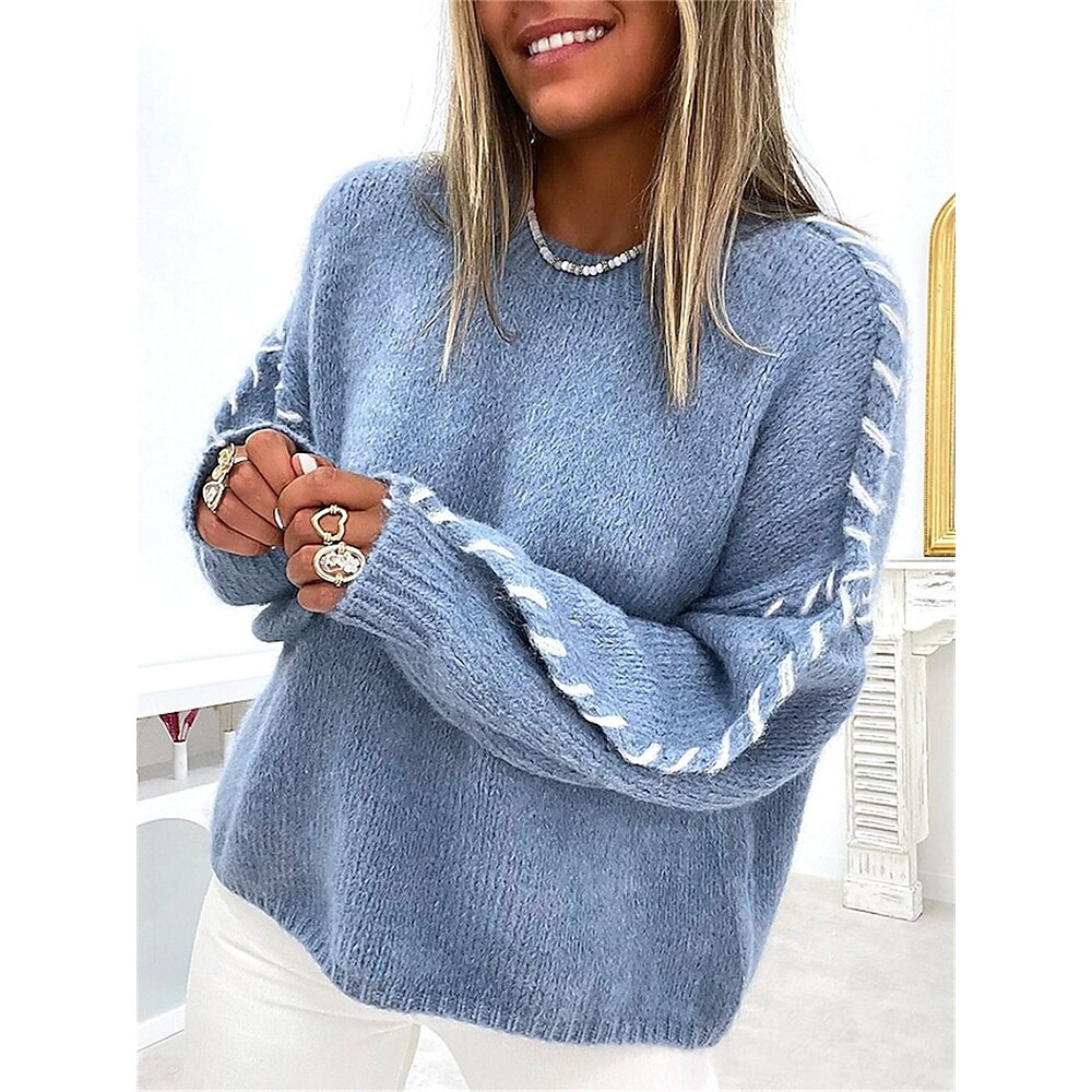 Damen Pullover Brautkleider schlicht Weich Einfarbig Gerippt Rundhalsausschnitt Strick Langarm Normale Oberteile Stricken Outdoor Täglich Wochenende Schwarz Weiß Herbst Winter Lightinthebox