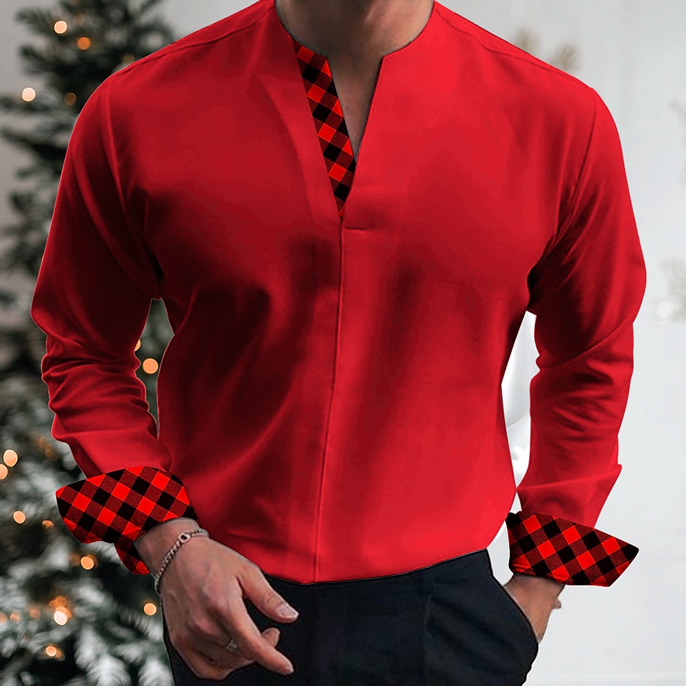 Weihnachten Herren Feste Farbe Hemd Langarm Business-Casual Formal Täglich Outdoorbekleidung Sommer Frühling Herbst V Ausschnitt Bedruckt Schwarz Rote Blau Grün Grau Lightinthebox