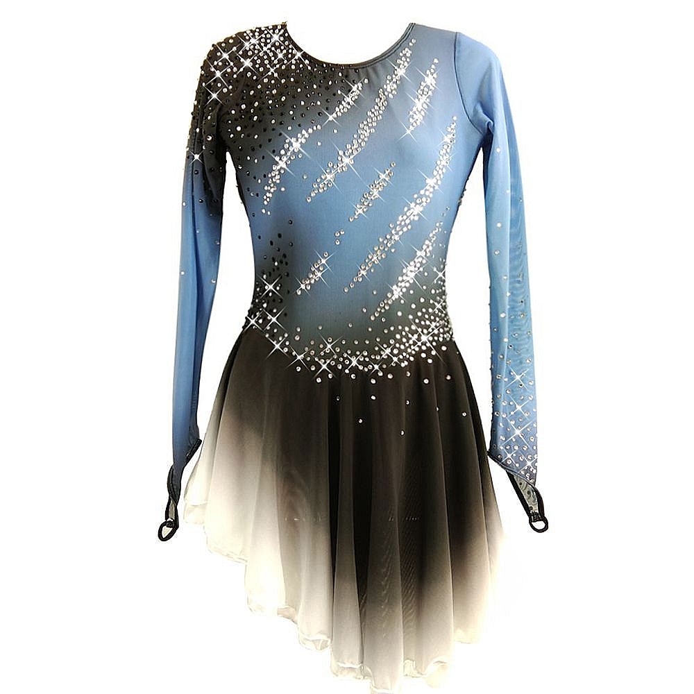 Eiskunstlaufkleid für Mädchen, Damen, blau/schwarz, Farbverlauf, Elasthan, hohe Elastizität, Training, Wettkampf, Eiskunstlaufbekleidung, handgefertigt, Kristall/Strass, Farbverlauf, langärmelig, Lightinthebox