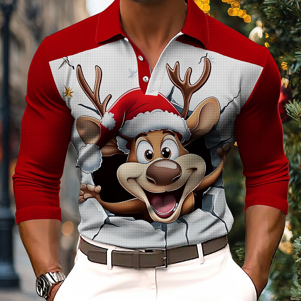 Weihnachten Herren Weihnachtstier 3D Polo Rudolph Mütze lässig lustig Waffel Langarm Party Abend Alltagskleidung Urlaub Frühling Herbst Winter Knopf 3D Druck Kragen rot mikroelastisches Polyester Lightinthebox